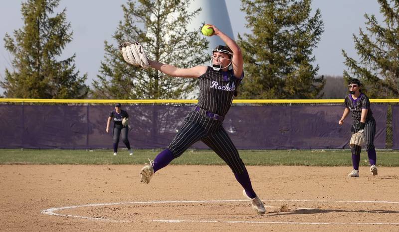 Rochelle's Chloe Escatel delivers a pitch during Monday's game with Rockford Lutheran. Escatel struck out eight and allowed just one hit in the 15-0 win.