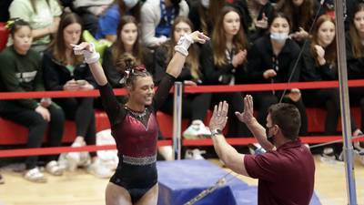 Girls gymnastics: Prairie Ridge’s Gracie Willis ties for all-around; Wolves near another state team title