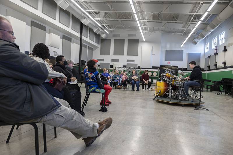 Camden Buchholz, a freshman at Rock Falls High School, showcases his drum set skills to judge Joe Angelo and an audience Sunday, Feb. 26, 2023.