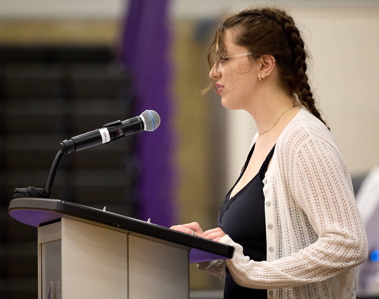 Illinois Valley Community College student McKinzie Tarbox reading her Paul Simon Essay Contest essay at Illinois Valley Community College's annual Student Academic Awards event