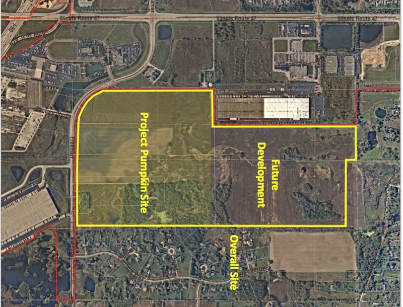 An aerial image of the property at 41W368 Freeman Road in unincorporated Huntley shows the development planned by Venture One Real Estate.
