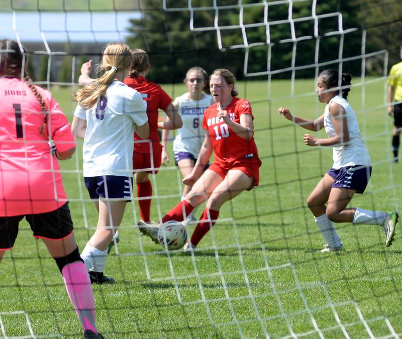 Oregon's Shaylee Davis (10) takes a shot at the goal against Rochelle on Saturday, May 10, 2025 at Oregon Park West.