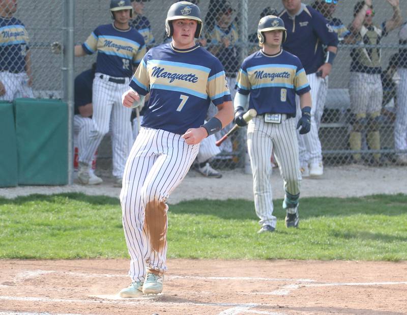 Marquette's Keaton Davis scores a run against St. Bede on Thursday, April 24, 2025 at St. Bede Academy.
