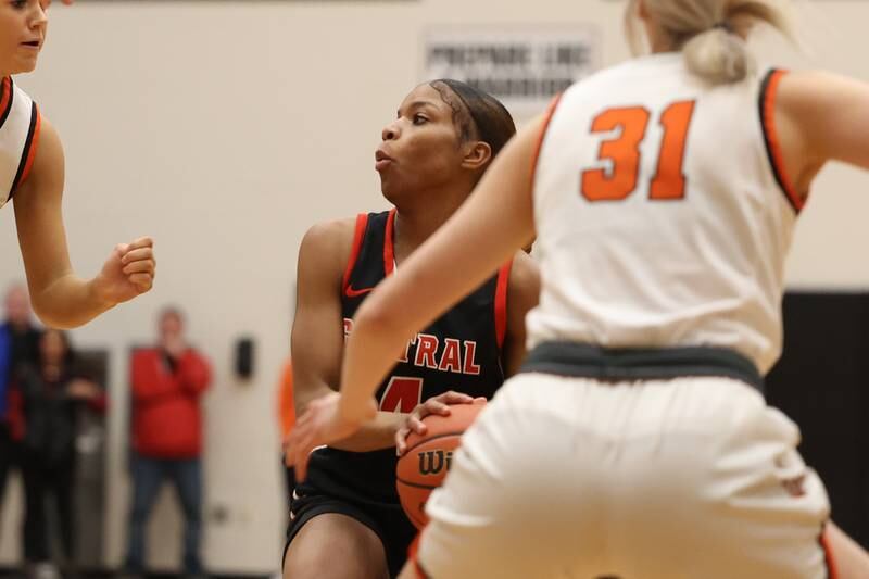 Lincoln-Way Central’s Azyah Newson-Cole looks for a play against Lincoln-Way West on Tuesday, February 7th..