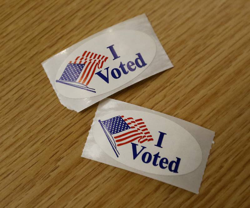 “I Voted” stickers for voters Tuesday, April 4, 2023, after they cast their ballots in the 2023 consolidated election at Del Webb Sun City’s Prairie Lodge in Huntley.