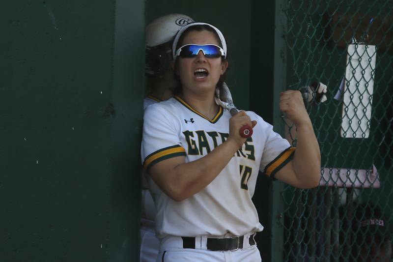 Crystal Lake South's Alexis Pupillo cheers for her teammates as the rally during a Fox Valley Conference softball game Monday, May 16, 2022, between Crystal Lake South and Burlington Central at Crystal Lake South High School.