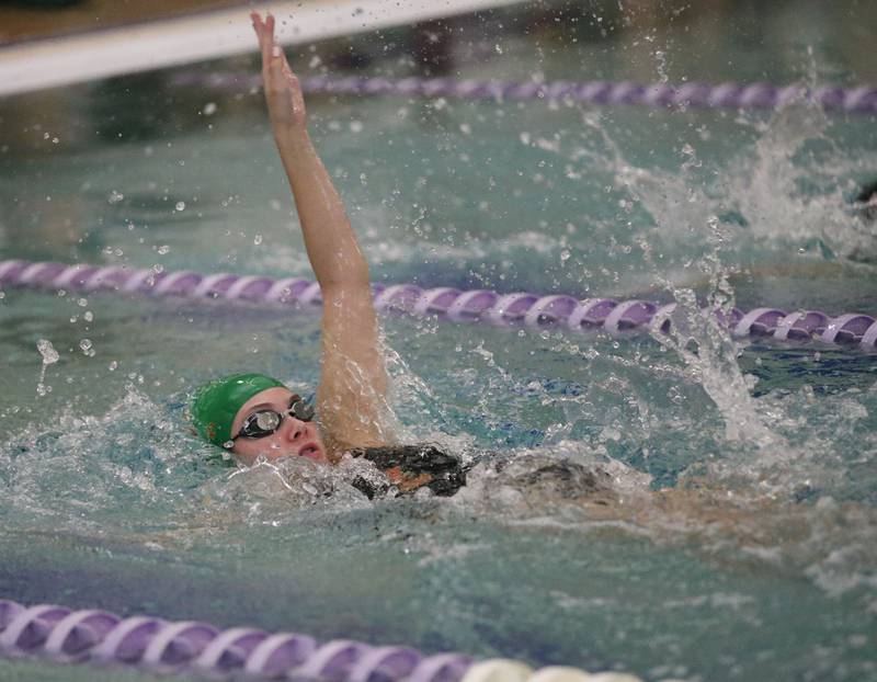 L-P co-op's Clara Weitl competes in the 100 yard backstroke during a swim meet on Wednesday, Sept. 24, 2025 at the Illinois Valley YMCS in Peru.