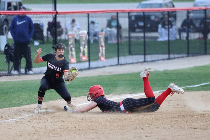 Bradley-Bourbonnais’ Suttyn Hop slides safely into third base during the Boilermakers' 8-0 victory over Normal Community in the IHSA Class 4A Bradley-Bourbonnais Regional semifinal on Tuesday, May, 27, 2025.