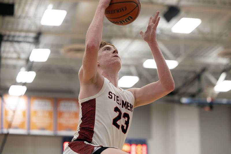 Fulton’s Ethan Price puts up a shot against Scales Mound Friday, March 3, 2023 in the 1A sectional final in Lanark.