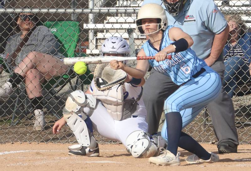 Bureau Valley's Ali Carrington lays down a bunt against Newman on Monday, March 30, 2026 at Bureau Valley High School.