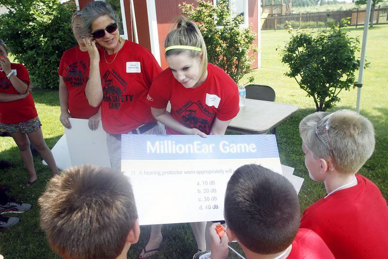 Northern Illinois University graduate student Alyssa Stefl of the NIU Speech, Language and Hearing Clinic teaches campers at the DeKalb County Farm Bureau's Farm Safety Camp at Jonamac Orchard about protecting their hearing.