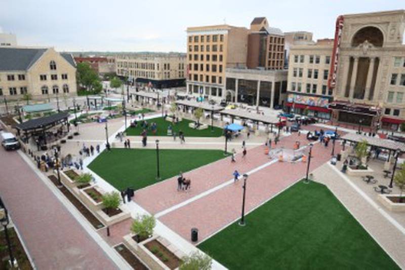 People gathering for the opening of the new City Square in downtown Joliet on Friday, May 1, 2026.