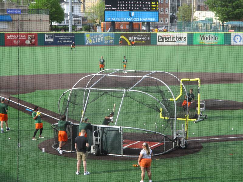 Joliet Slammers players take batting practice as the team gets ready for the May 12 home opener at Duly Health and Care Field. May 4, 2023.