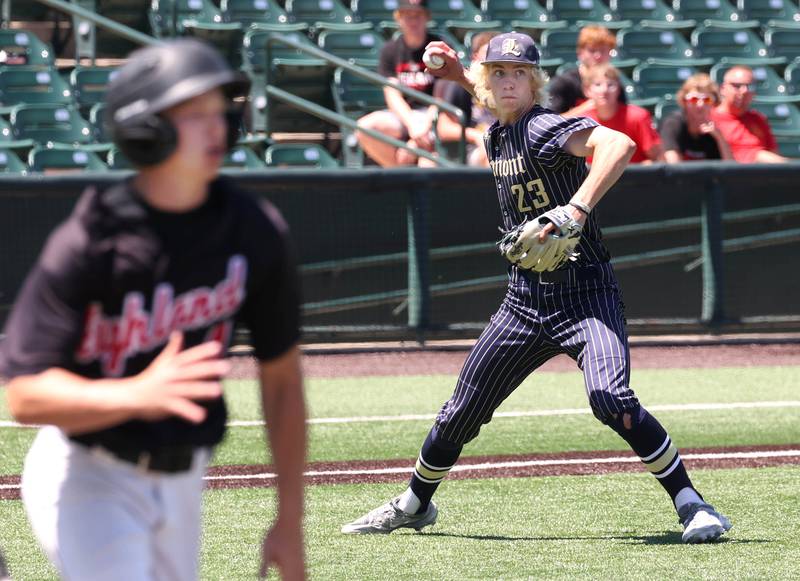 Lemont's Shea Glotzbach throws out Highland's Trey Koishor during their Class 3A state semifinal game Friday, June 7, 2024, at Duly Health and Care Field in Joliet.