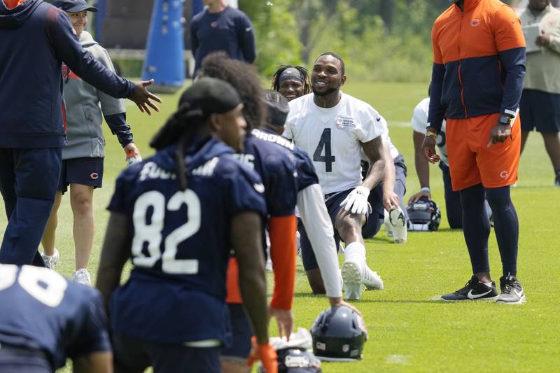 Chicago Bears defensive back Eddie Jackson smiles as he works on the field with teammates during practice, Wednesday, June 7, 2023, in Lake Forest.