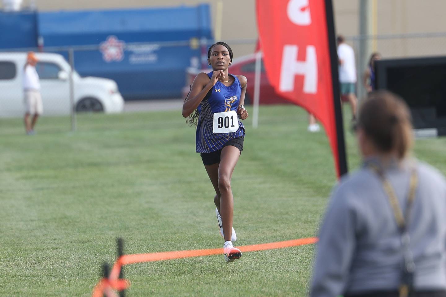 Joliet Central’s Madison King heads to the finish line uncontested for first place in the Joliet West Cross Country Dual Meet on Monday, Aug. 28, 2023 in Joliet.