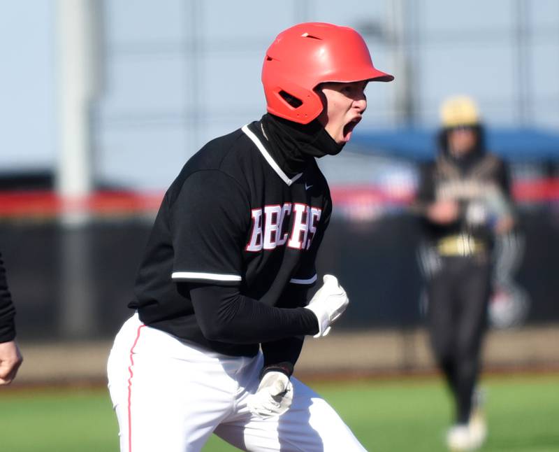 Bradley-Bourbonnais' Jace Boudreau rejoices after his game-tying triple in the sixth inning of a 3-2 home win over Bishop McNamara Saturday, March 28, 2026 at 315 Sports Park in Bradley.