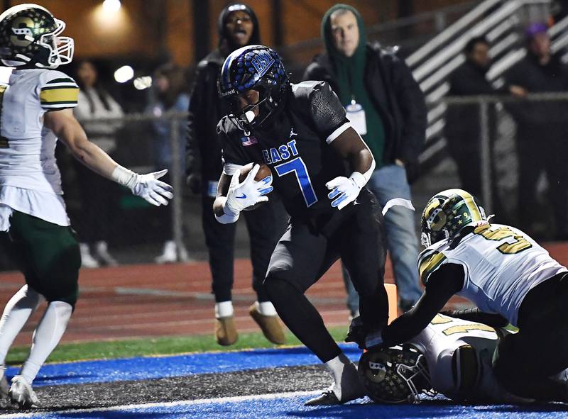 Lincoln-Way East's Zion Gist (7) scores a touchdown late in the 4th quarter during the IHSA Class 8A Quarterfinals game against Stevenson on Friday, Nov. 15, 2024, at Frankfort. (Dean Reid for Shaw Local News)