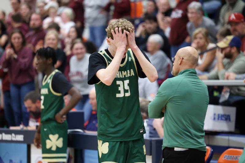 Bishop McNamara's Richard Darr reacts to causing a foul late in the fourth quarter during the Fightin' Irish's 77-70 loss to Tolono Unity in the IHSA Class 2A Pontiac Supersectional on Monday, March 9, 2026.