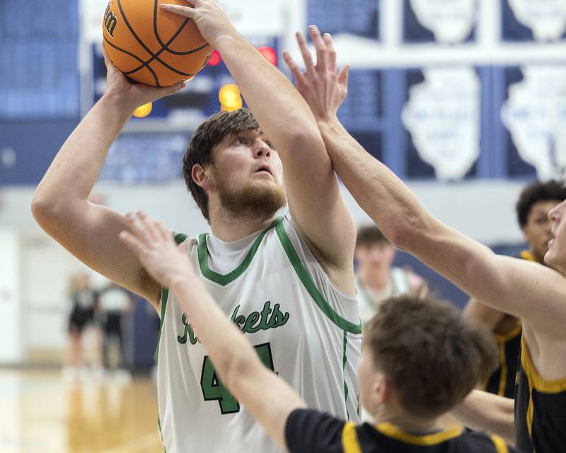 Rock Falls’ Garret Wolf puts up a shot against Riverdale Friday, Feb. 28, 2025, during the Class 2A Regional final at Bureau Valley High School.