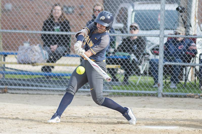 Sterling’s Elizabeth Palumbo drives the ball up the middle against Geneseo Wednesday, May 4, 2022.