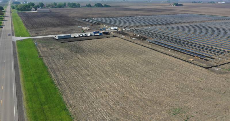 An aerial view of a solar farm being constructed just north of the intersection of North 33 Road and Illinois Route 23 on Wednesday, May 14, 2025 north of Ottawa.