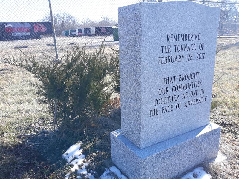 A memorial stands on Ottawa Avenue between Naplate and Ottawa in remembrance of the Feb. 28, 2017, tornado.