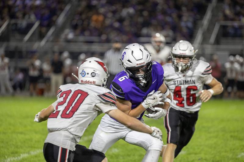 Dixon’s Logan Mershon looks for running room against Stillman Valley Friday, Oct. 3, 2025.