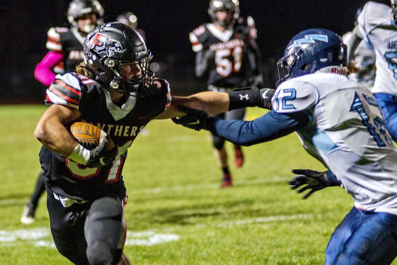 Erie-Prophetstown’s Jase Grunder fights for yards against Bureau Valley Friday, Oct.7, 2022.