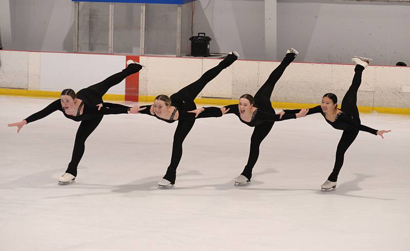 Members of the Dazzlers synchronized skating team including (left-right) Kelly Cooley of Rolling Meadows, Ally Widmar of Elmhurst, Abby Beaver of Crestwood, and Elia Hsien of Hinsdale practice on Wednesday Feb 15, 2023.