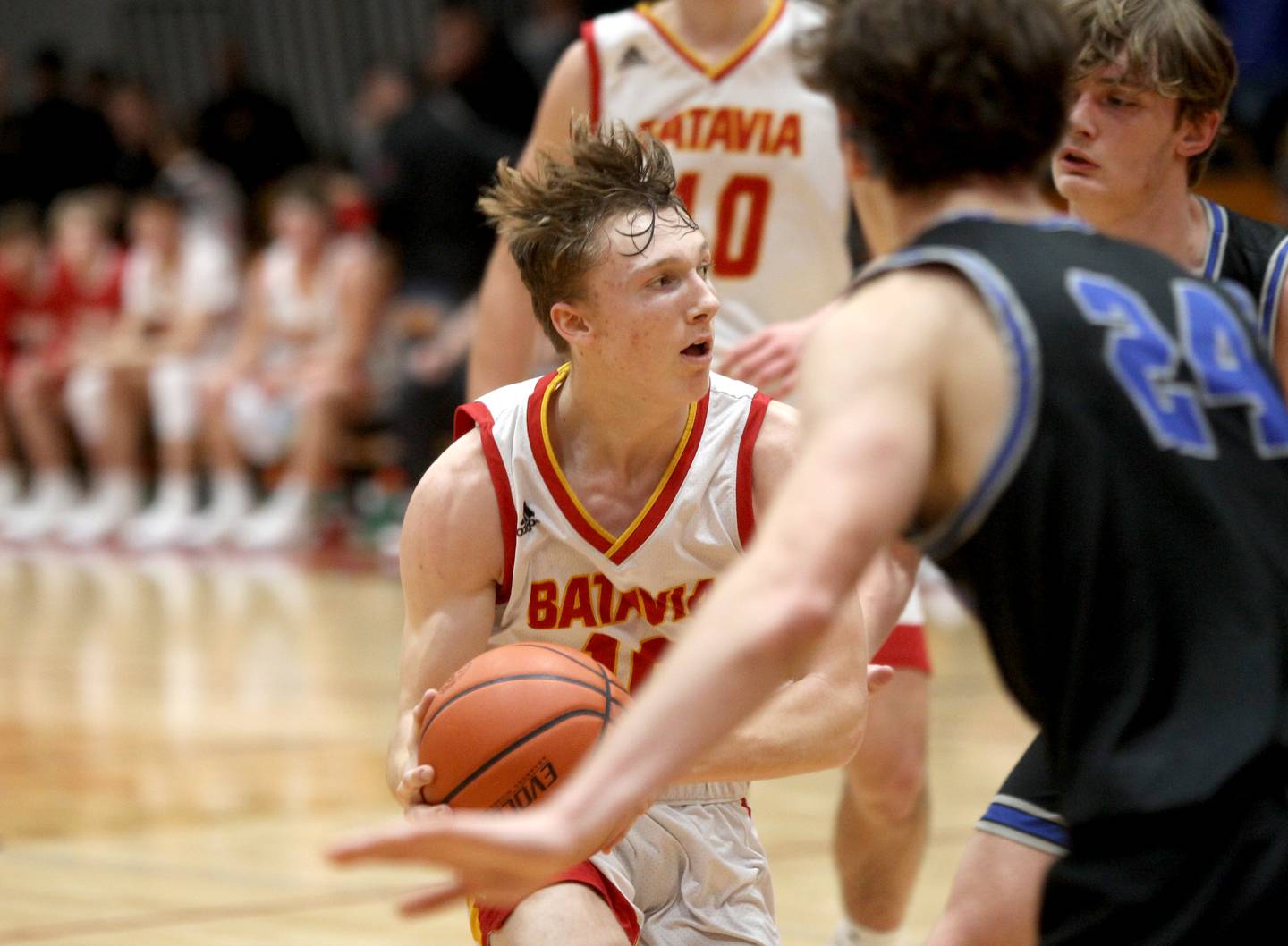 Batavia’s Nate Nazos drives toward the basket during a game against St. Charles North at Batavia on Wednesday, Jan. 11, 2023.