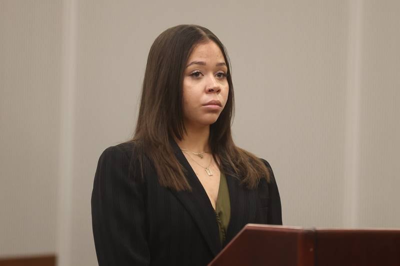 Kyleigh Cleveland-Singleton, 21, appears for an arraignment on obstruction of justice charges at the Will County Courthouse on Thursday, Feb. 8th 2024 in Joliet. The charges alleged she obstructed justice in the investigation and apprehension of her boyfriend, Romeo Nance, 23, whom police say was a suspect in the Jan. 21 mass shooting in Joliet.