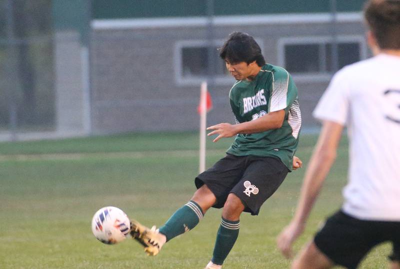 St. Bede's Isaac Kang boots the ball down the field against Abingdon-Avon on Wednesday, Oct. 15, 2025 at St. Bede Academy.