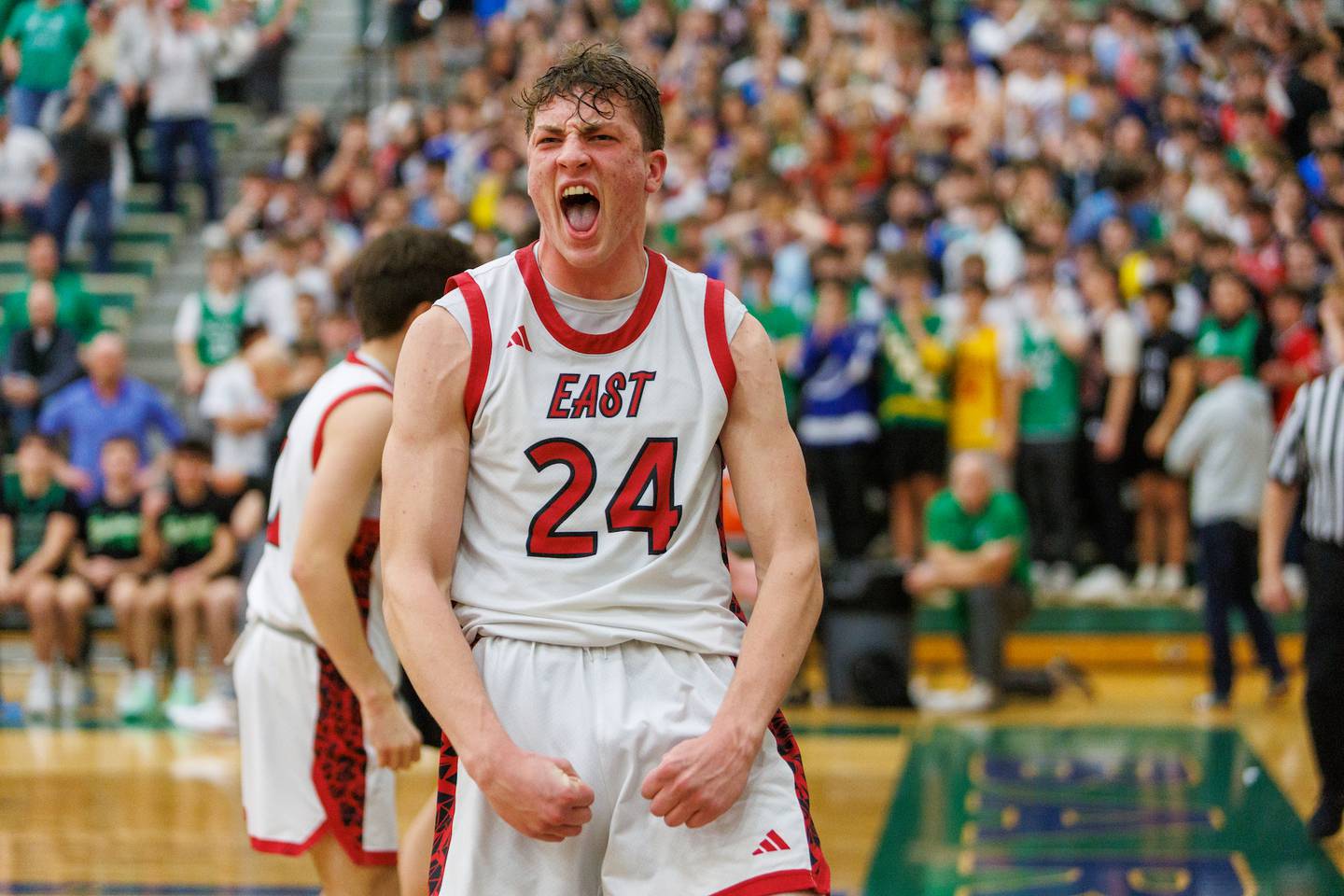 Glenbard East's Sam Walton reacts to a play against York at the Class 4A Bartlett Sectional Final on Friday, March 6,2026 in Bartlett.