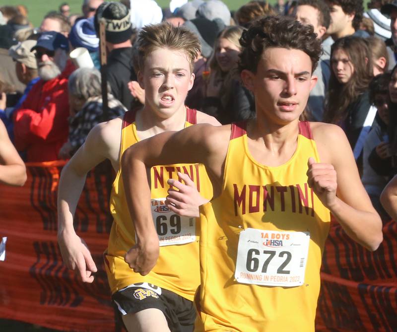Montini's Gavin Conway and Hugh Flannery compete in the Class 1A State Cross Country race on Saturday, Nov. 4, 2023 at Detweiller Park in Peoria.