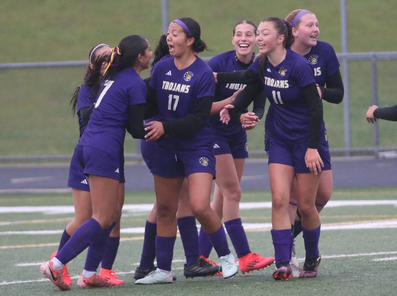 Members of the Mendota girls soccer team react after scoring a goal against Princteon during the Class 1A Regional final game on Tuesday, May 20, 2025 at Mendota High School.