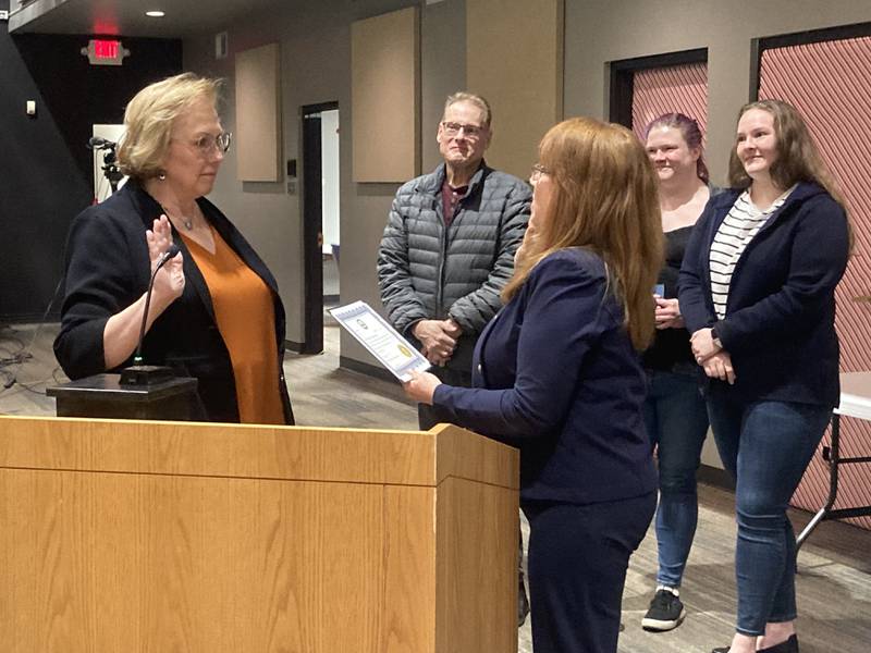 Robin Lif is sworn in as Lockport's new Ward 2 Alderwoman by Lockport City Clerk Kathy Gentile. 
Wednesday, January 7, 2026.