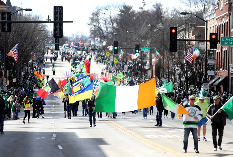The St. Charles St. Patrick's Parade makes its way east on Main Street on Saturday, March 9, 2024.