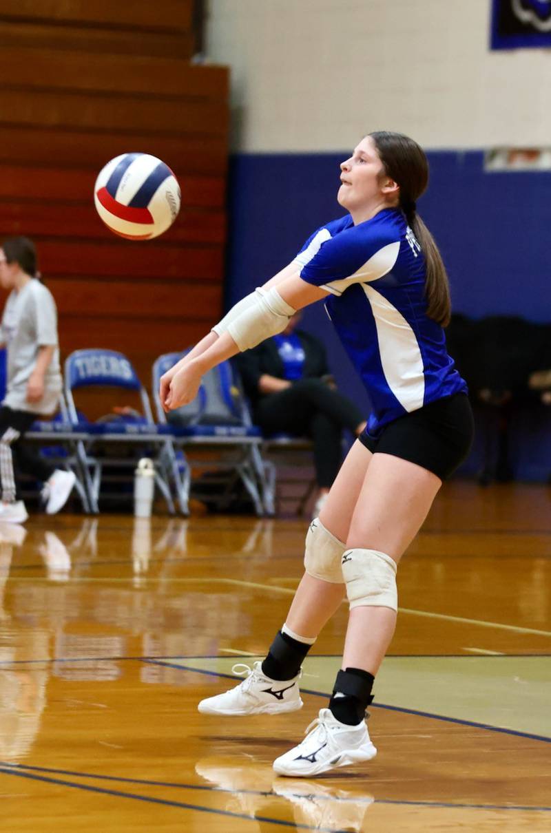 Princeton's Camryn Driscoll makes a pass Tuesday night at Prouty Gym. The Tigresses won 25-8, 25-22.