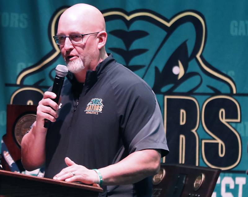 Crystal Lake South Athletic Director Jason Bott introduces coach Brian Allen during a celebration for the Crystal Lake South boys soccer team on Wednesday, Nov. 8, 2023, at Crystal Lake South High School. South defeated Peoria Notre Dame to win their second soccer state championship on Saturday.