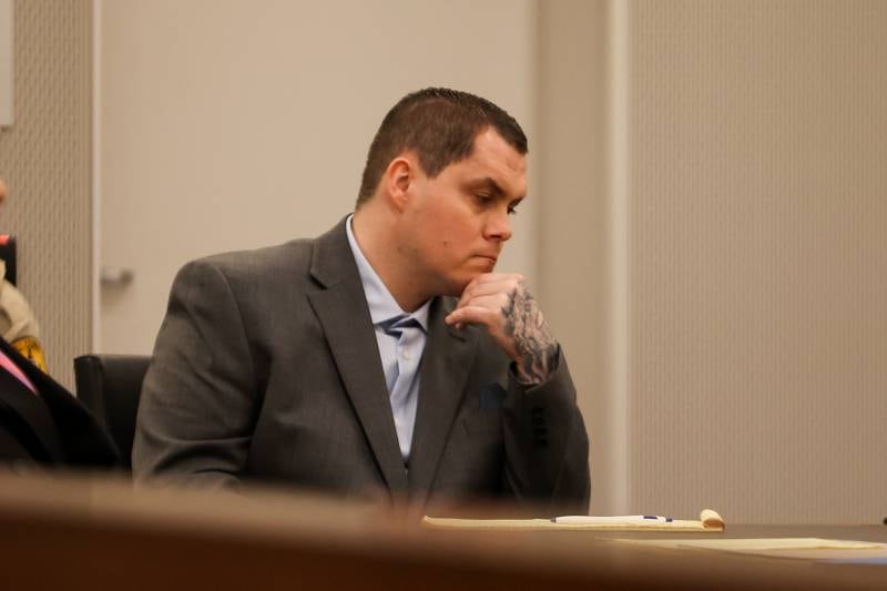 Jeremy Boshears, 36, sits in the courtroom during opening comments. Boshears is charged with the murder of Kaitlyn “Katie” Kearns, 24, on Nov. 13, 2017. Thursday, April 14, 2022, in Joliet.