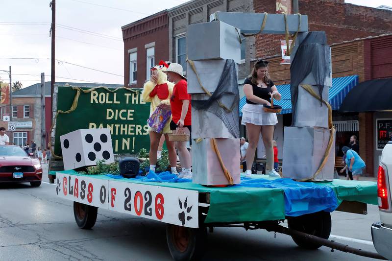 The Prophetstown High School senior class Jumanji theme float during the annual homecoming parade on Thursday, October 2, 2025, in Prophetstown