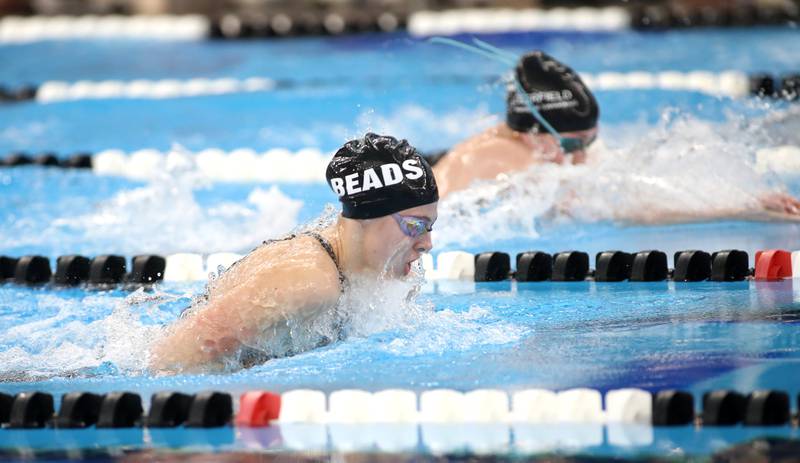 Rosary’s Elizabeth Nawrocki competes in the 100-yard breaststroke championship heat during the IHSA Girls State Championships on Saturday, Nov. 16, 2024 at FMC Natatorium in Westmont.