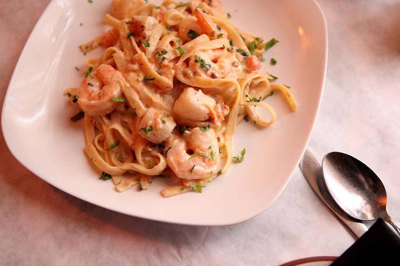 Gamberi e cappesante scampi is seen at Villa Verone in Geneva.
