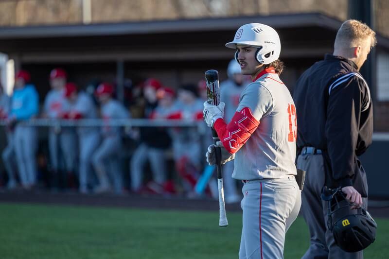 Harry Carretto of Ottawa looks back at dugout whilst they lead Seneca on Monday, March 17, 2025 at Seneca High School in Seneca.