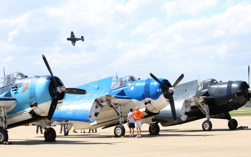 A TBM departs the runway behind other TBM aircrafts during the 10th annual TBM Avenger Reunion and Airshow on Friday, May 16, 2025 at the Illinois Valley Regional Airport in Peru.
