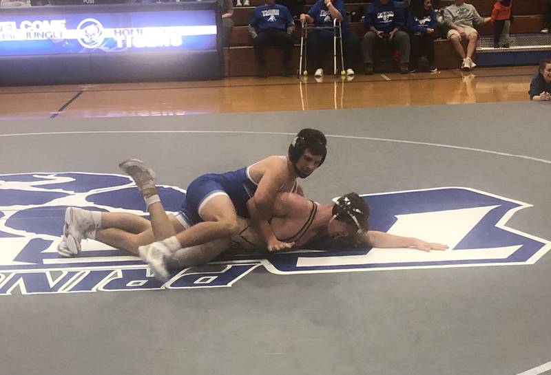 Princeton's Augie Christiansen and Tyler Semlar of Morris square off at 145 Tuesday night at Prouty Gym.