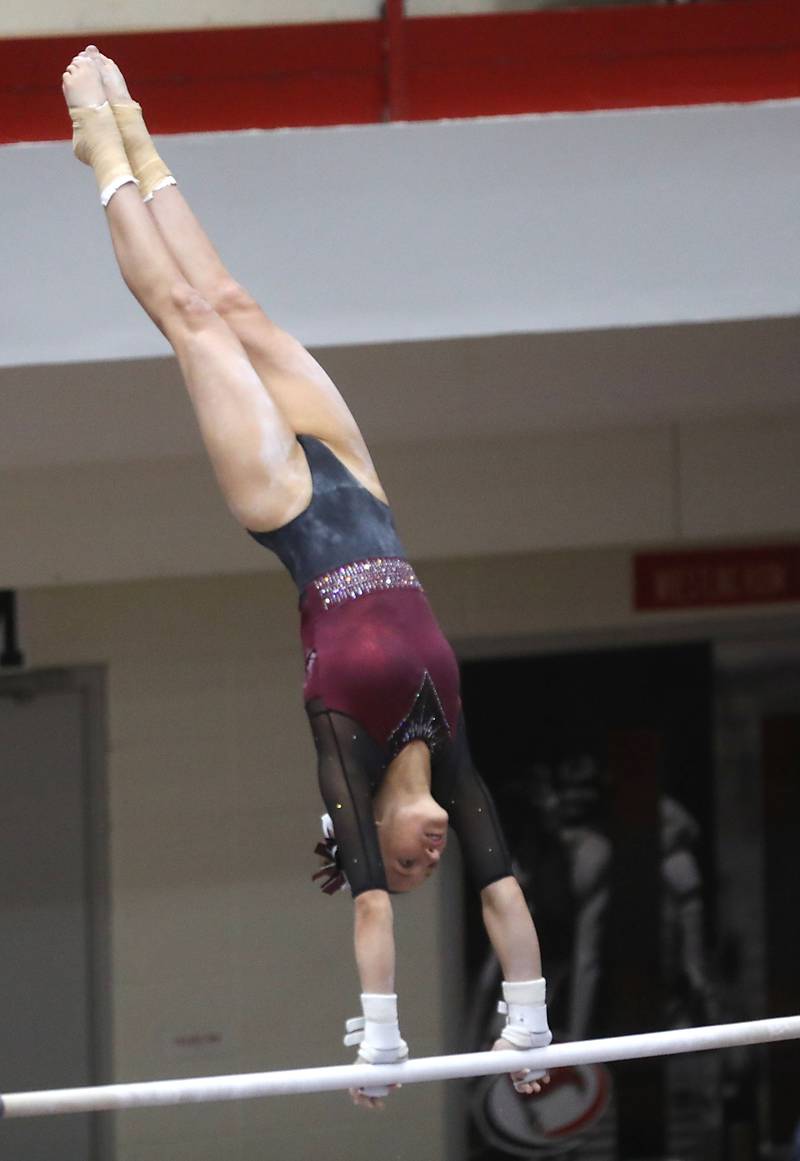 Prairie Ridge Co-op’s Nora Terhaar competes in the preliminary round of the parallel bars on Friday, Feb. 20, 2026, during the IHSA Girls State Final Gymnastics Meet at Palatine High School.