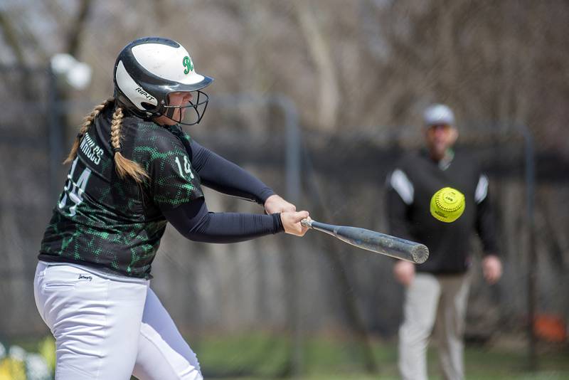 Rock Falls' Abby Whiles drives the ball Saturday, April 16, 2022 against Bureau Valley.