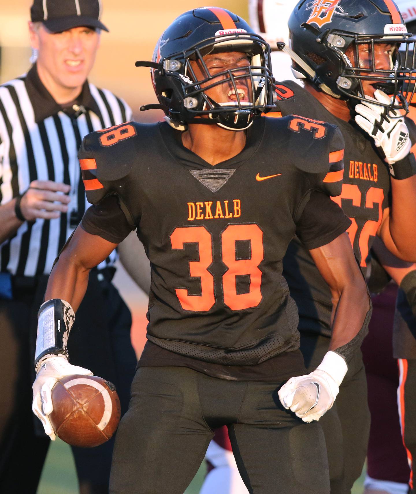 DeKalb running back Jamari Brown is pumped up after a big run during their game against Belleville West Friday, Sep. 10, 2021 at DeKalb High School.